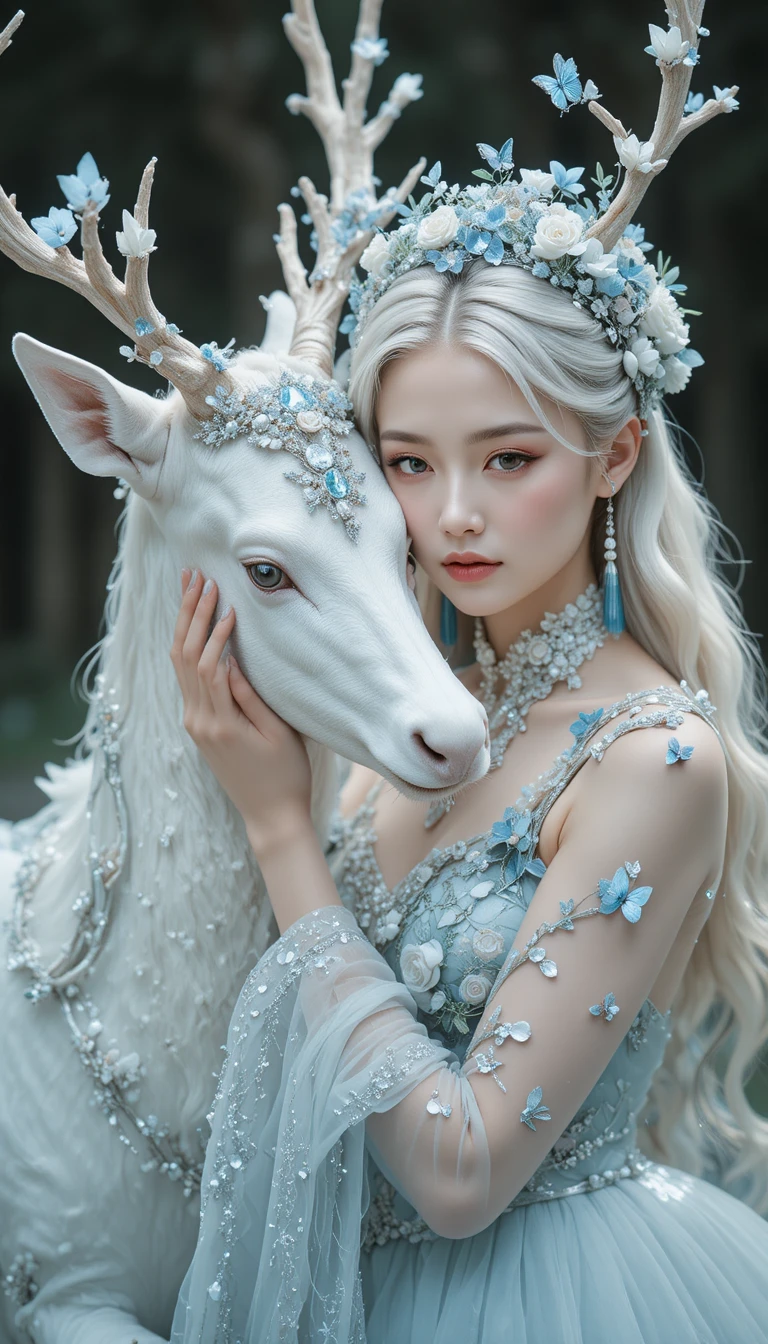 Ethereal forest girl with sacred white deer companion