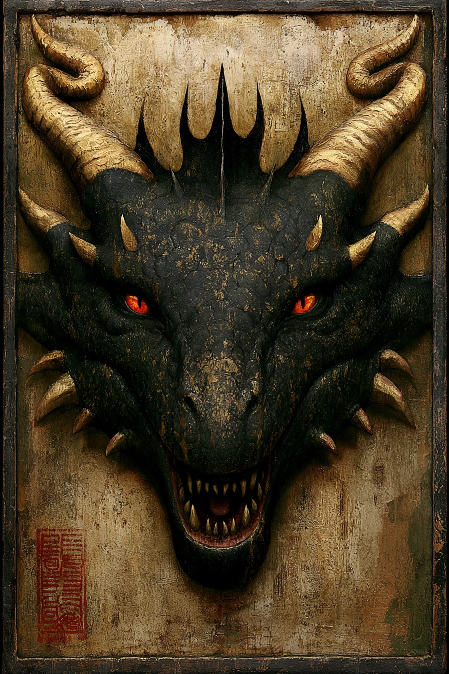 Majestic dragon portrait with golden horns and burning eyes