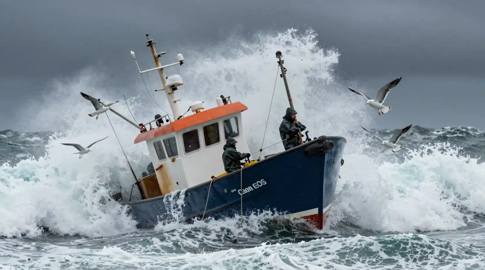Fishing boat battling rough storm waves with two fishermen