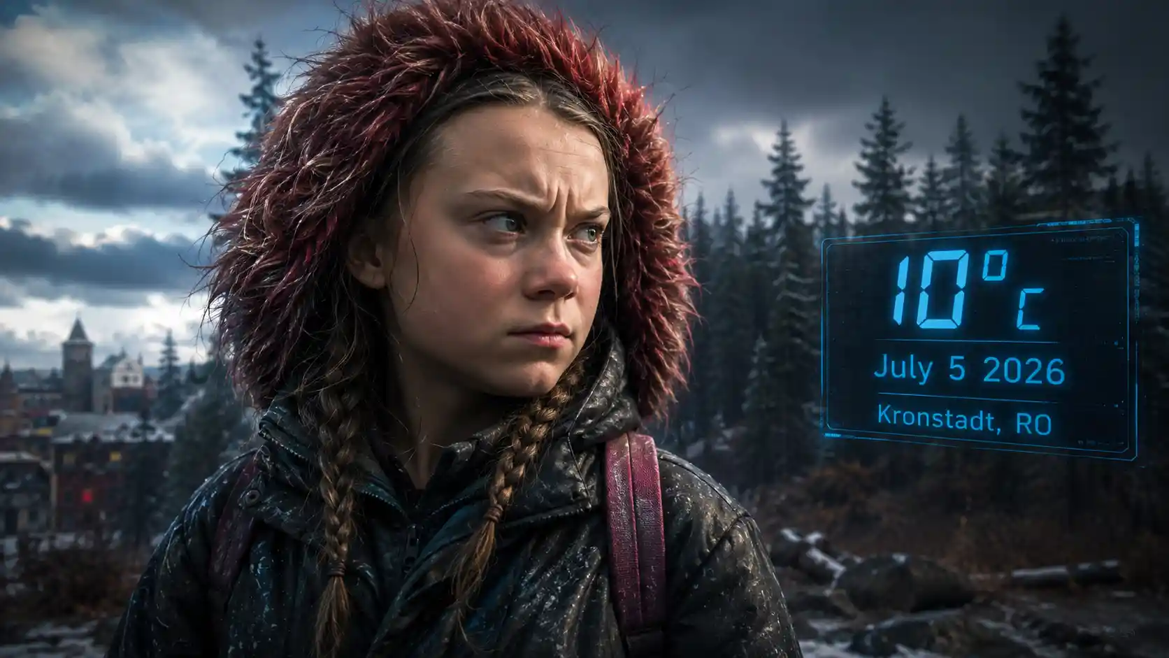 Upset girl in winter hoodie before cloudy forest sky