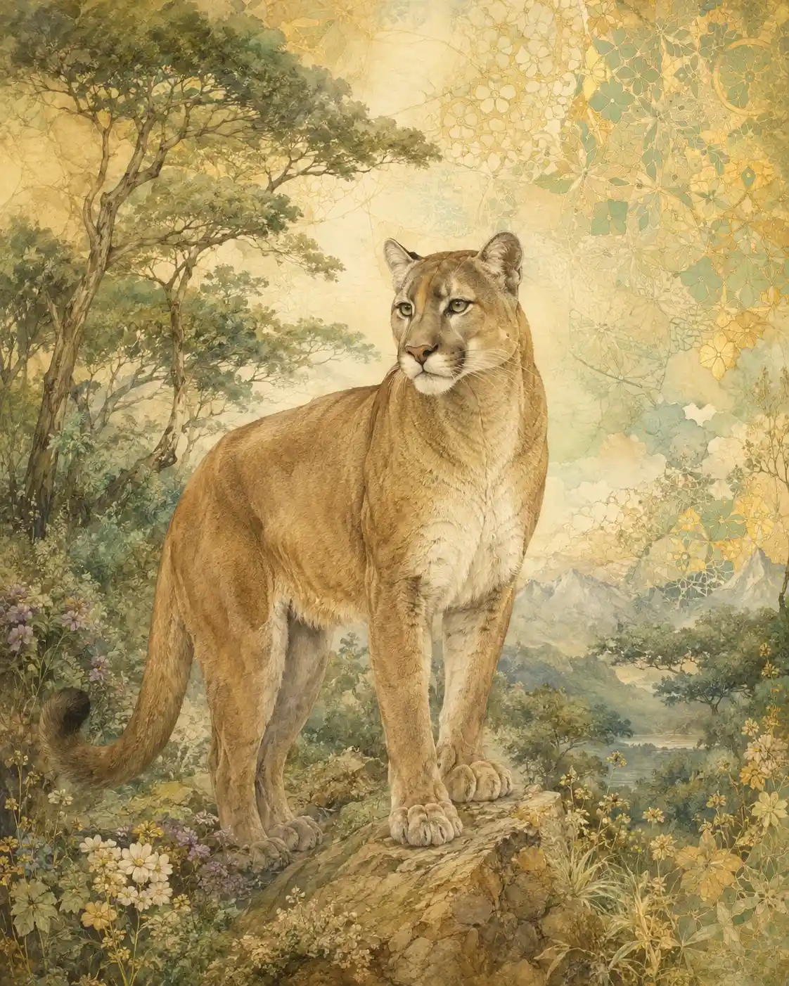 Elegant full body puma in a colorful natural forest