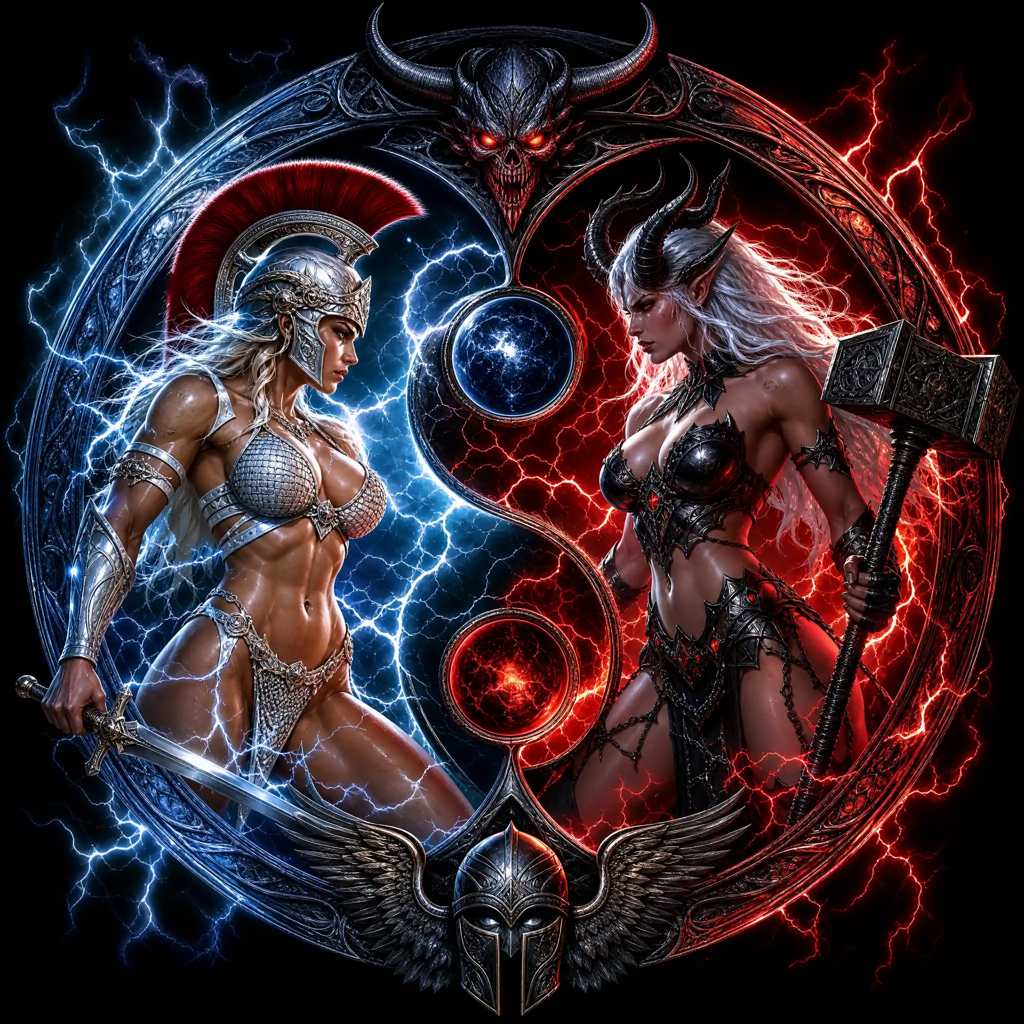 Yin yang warrior and demoness in dramatic fantasy duel