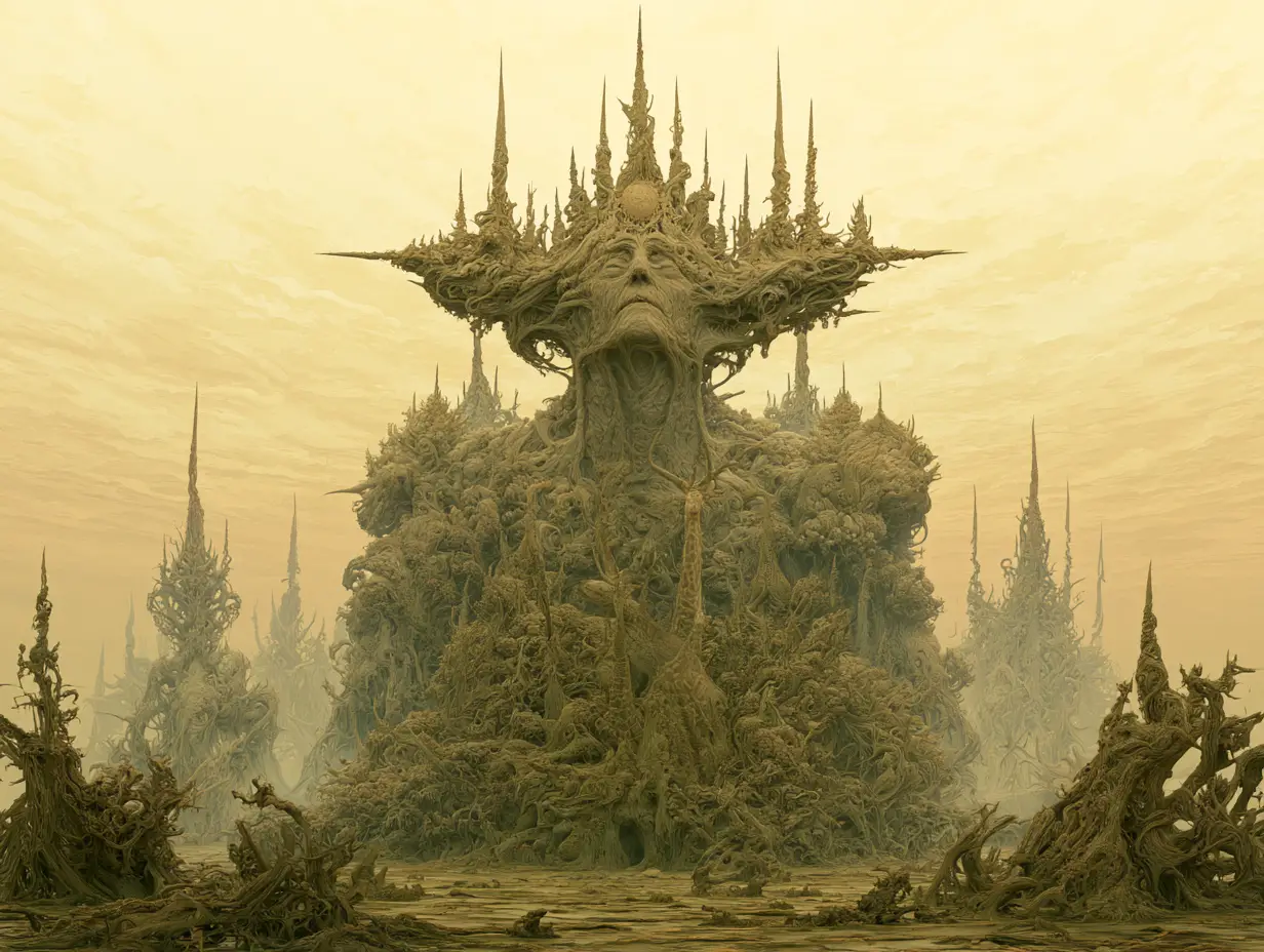 Colossal humanoid figures emerging from a surreal misty landscape