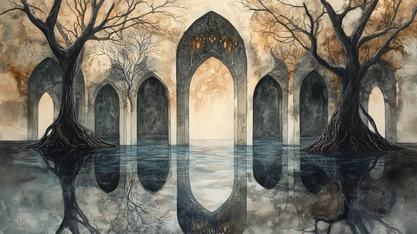 Gothic sanctuary formed from mirrored trees and roots