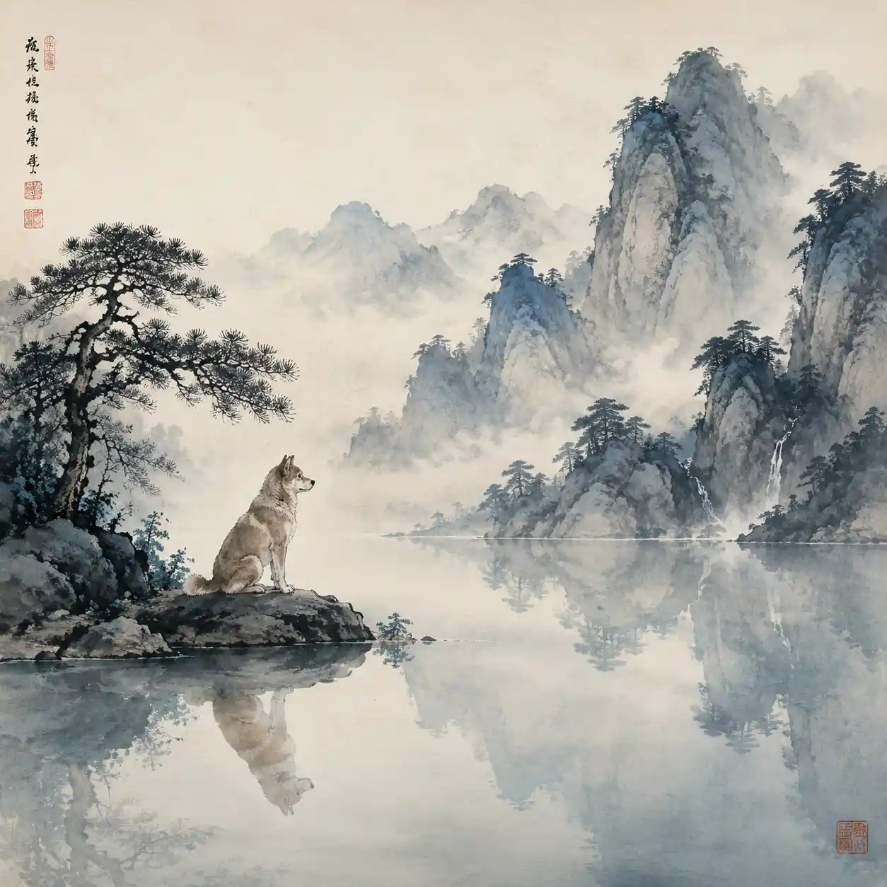 Contemplative dog by still mountain lake in ink painting