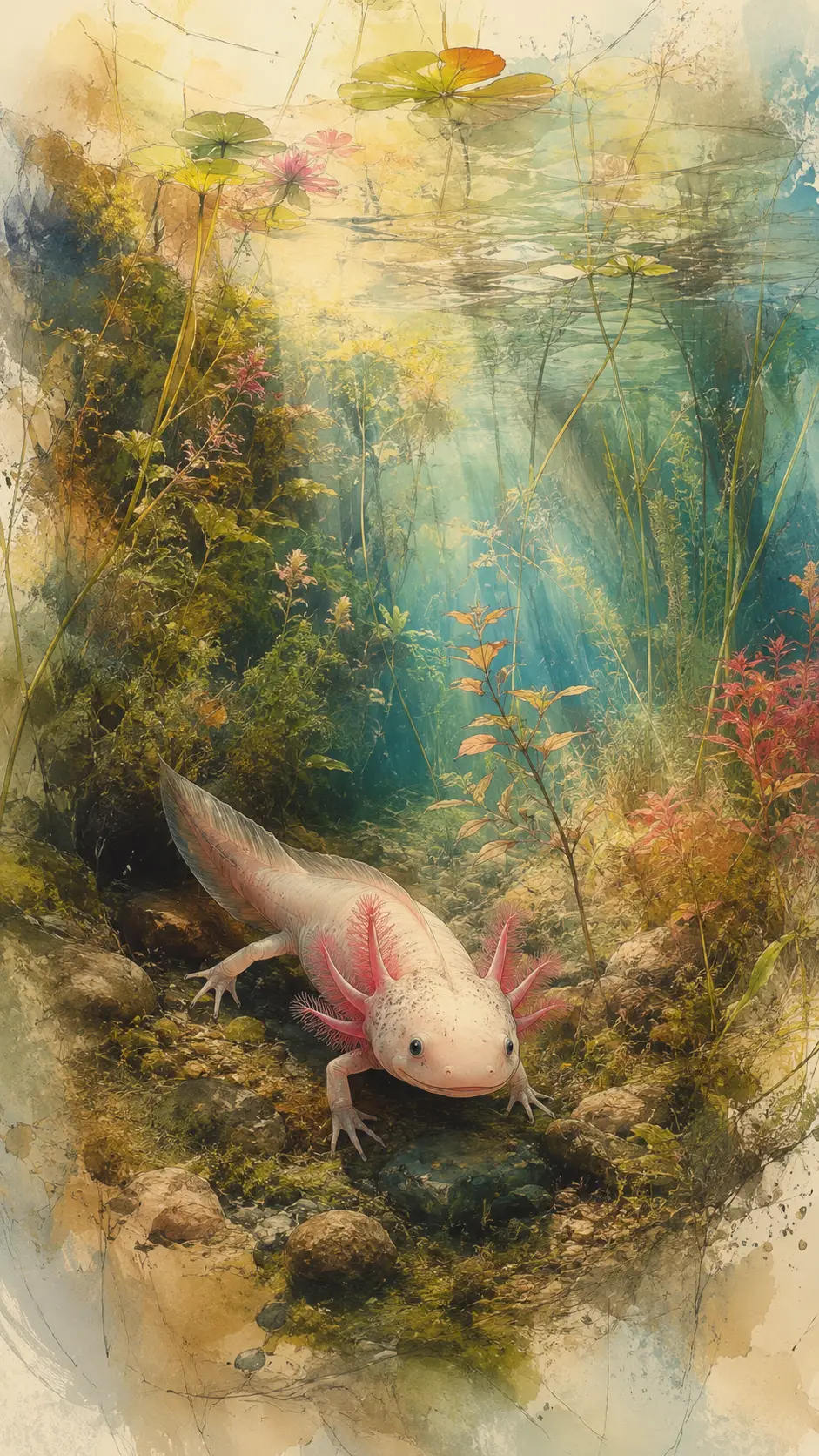 Axolotl In A Colorful Natural Habitat Airbrush Illustration