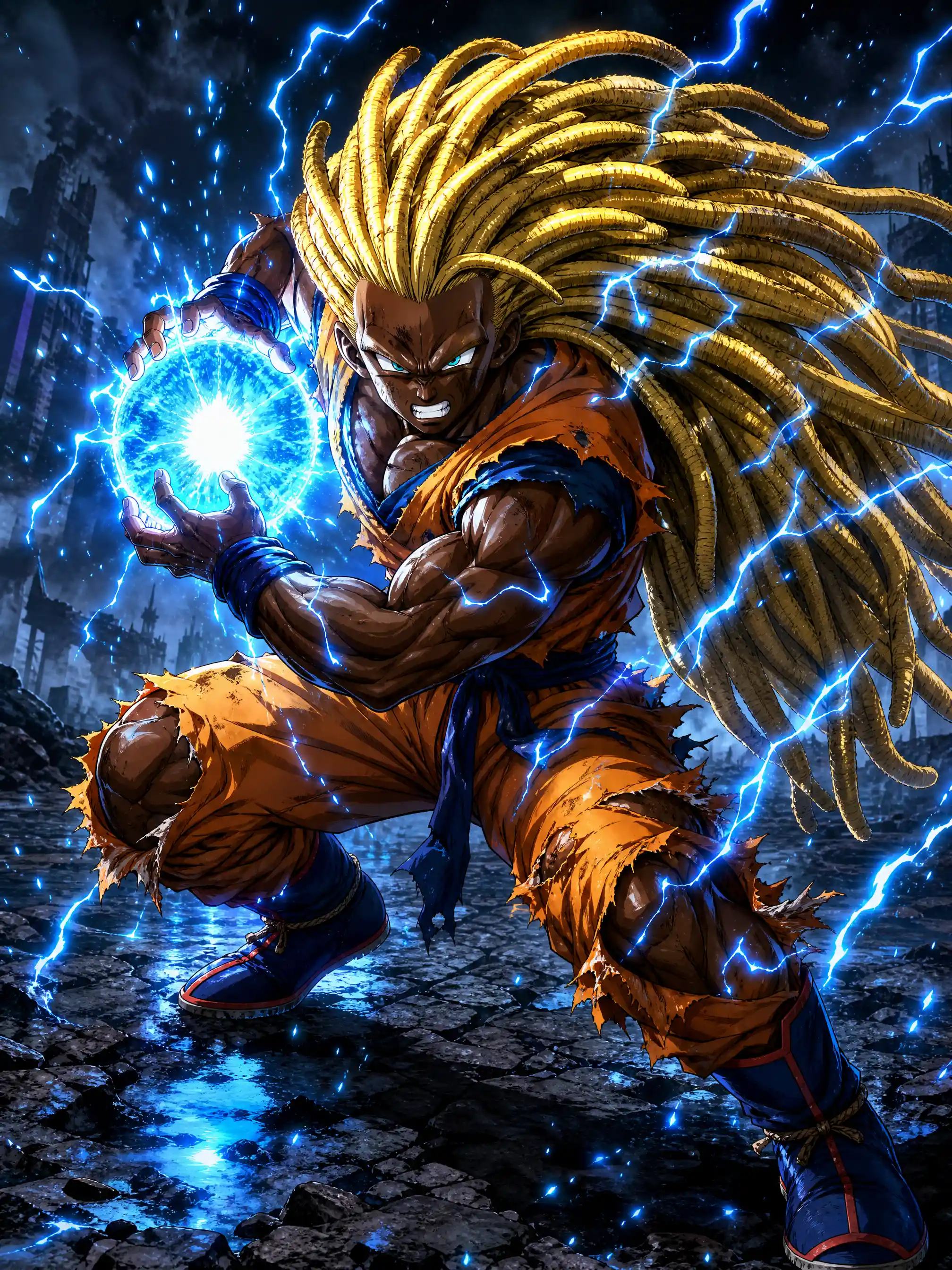 Anime warrior charging blue energy on volcanic wasteland