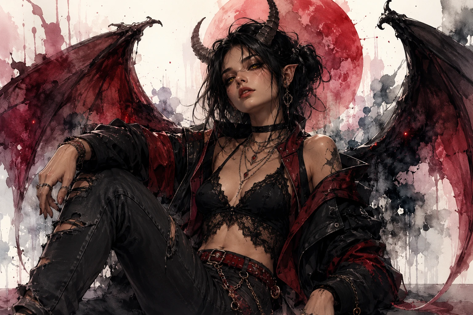 Stylish horned demon woman with black wings and glowing eyes