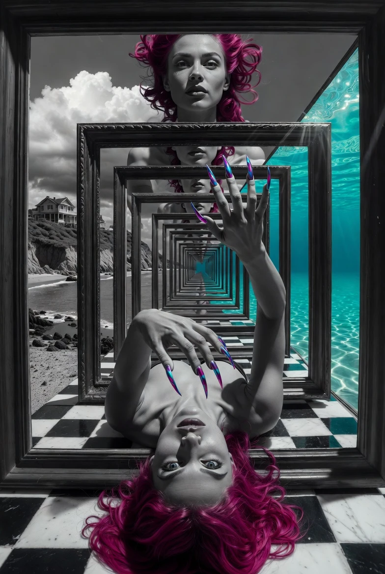 Surreal woman in infinite framed hallway reaching toward viewer