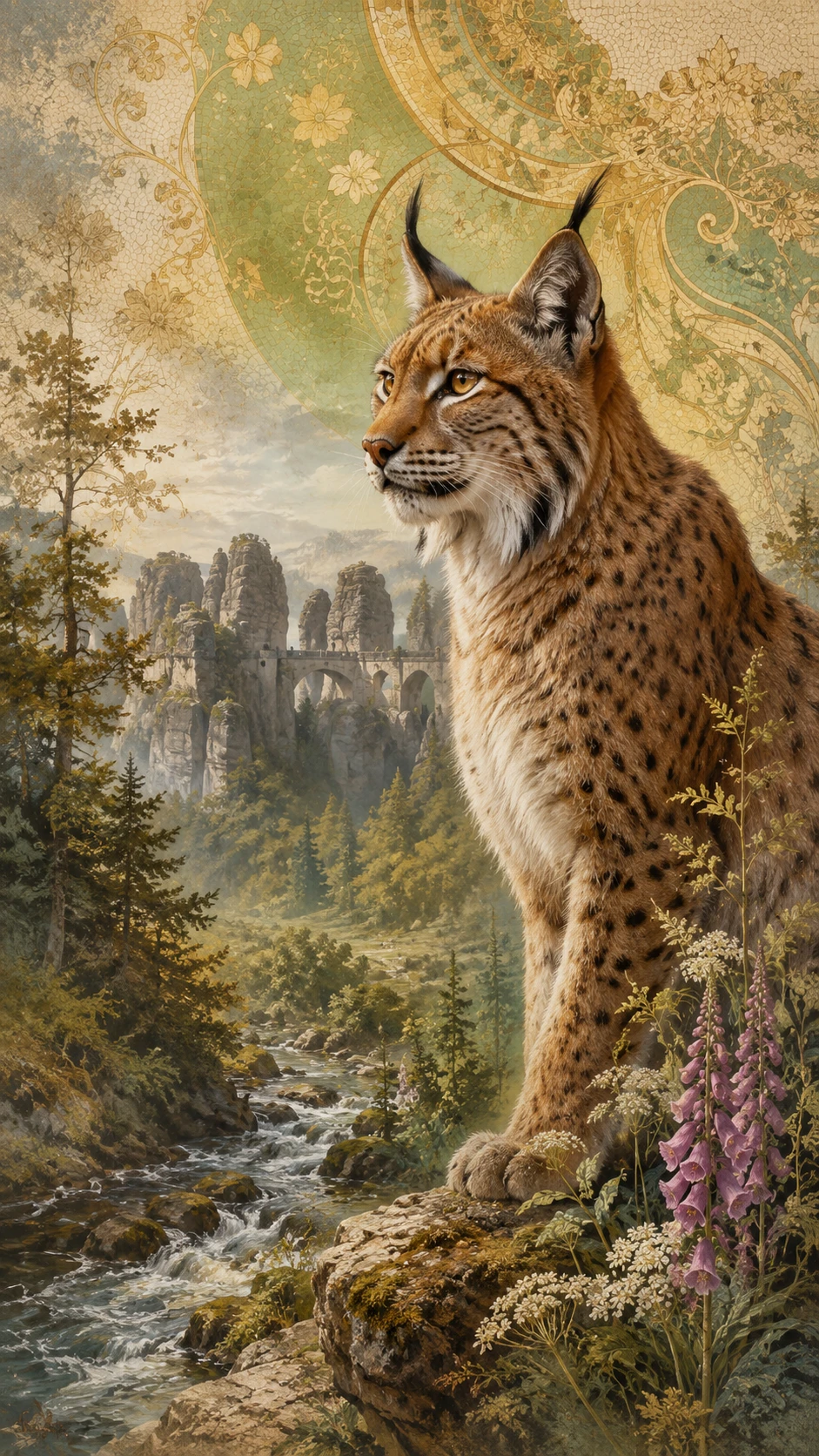European lynx on rocky cliff in colorful Harz landscape