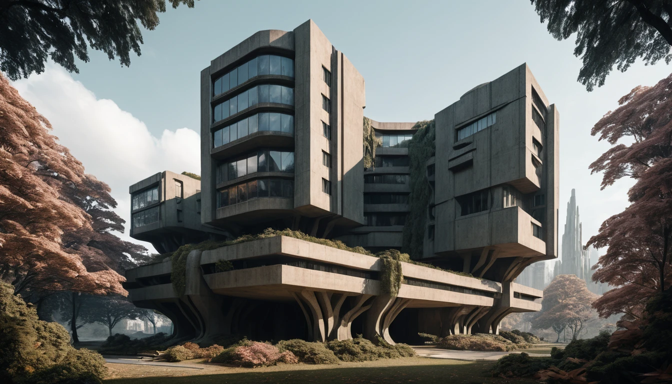 Brutalist and futuristic city architecture with sensual flowing forms