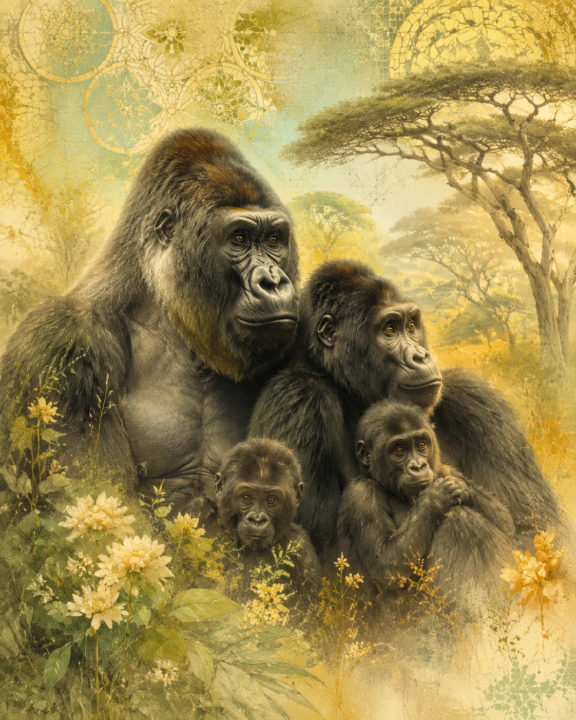 Gorilla family in lush African forest moodboard illustration