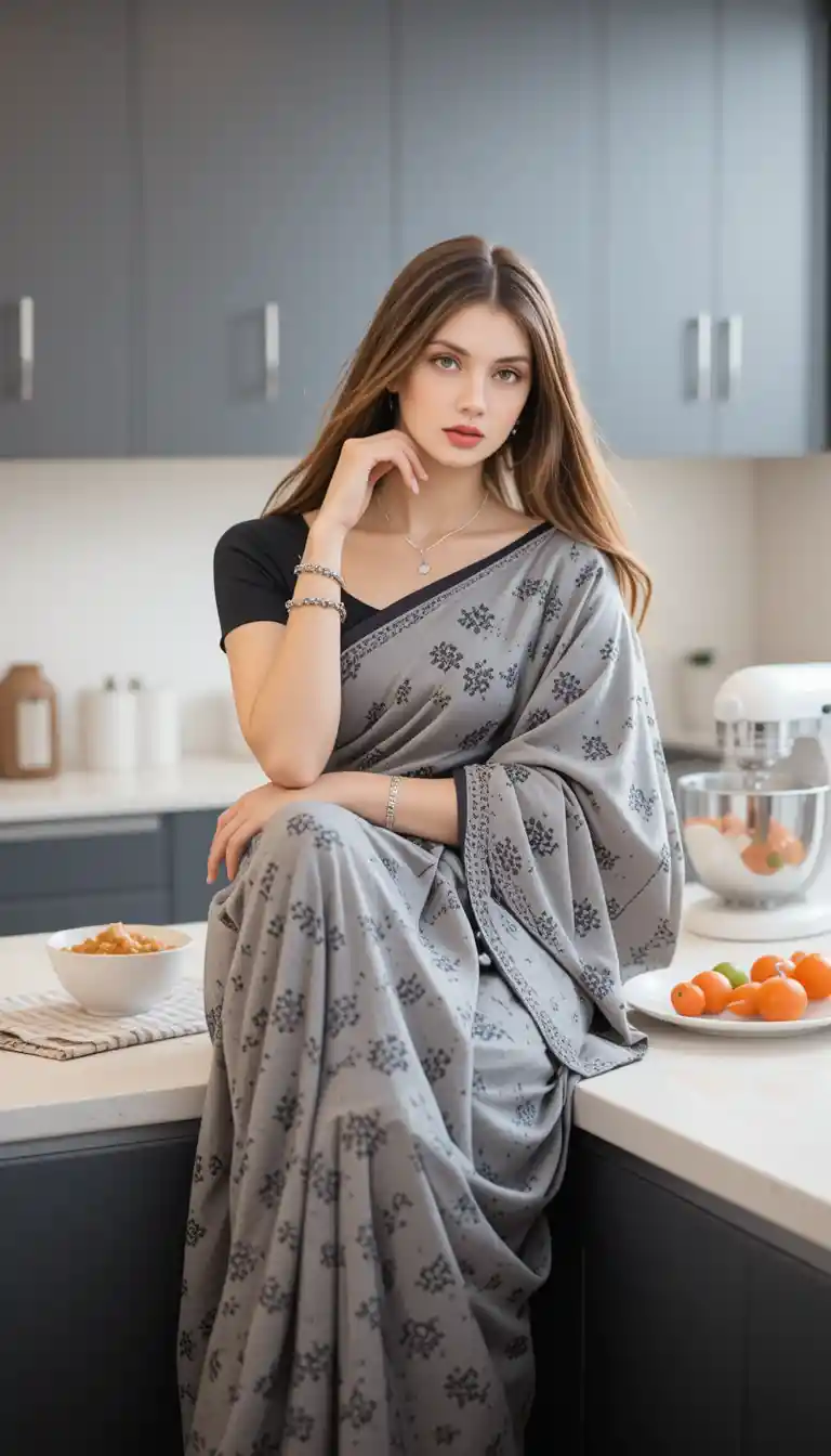 Thoughtful woman in saree sitting on a modern kitchen counter