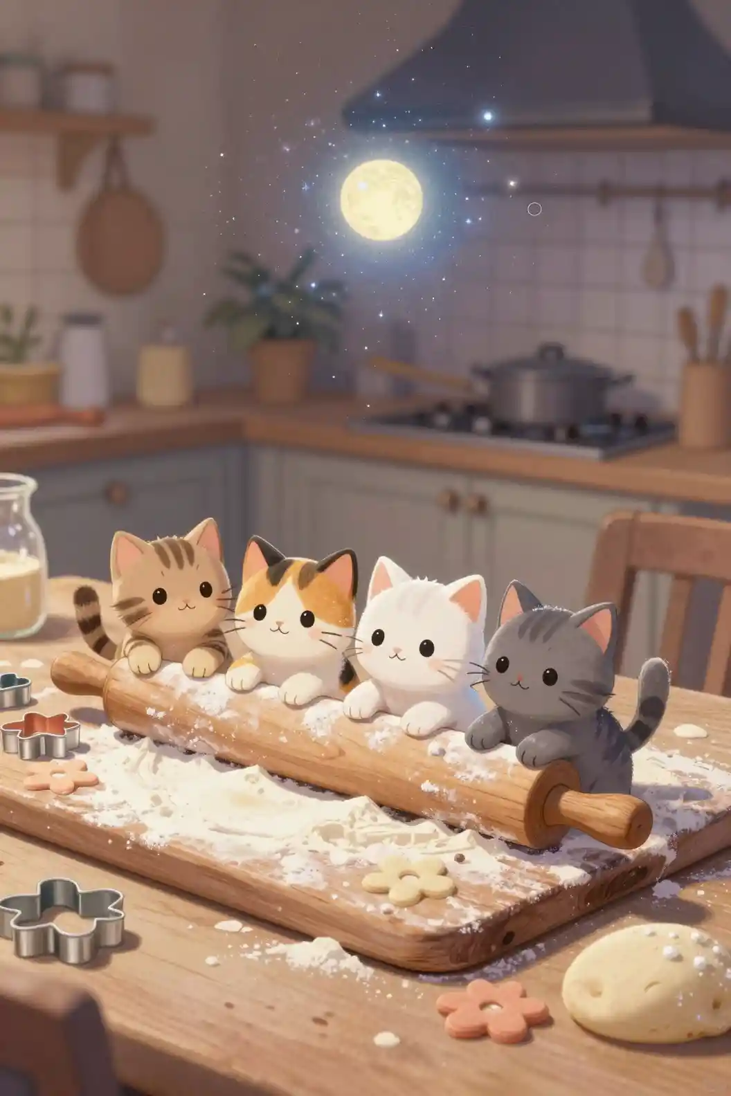 Four kittens on a rolling pin in a cozy kitchen scene