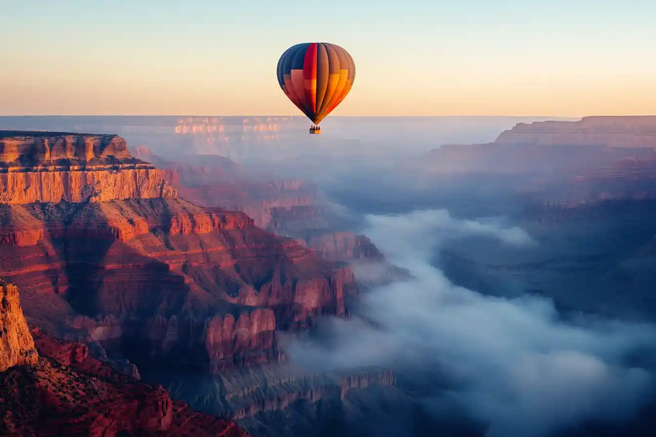 Hot Air Balloon At Sunrise Above The Grand Canyon