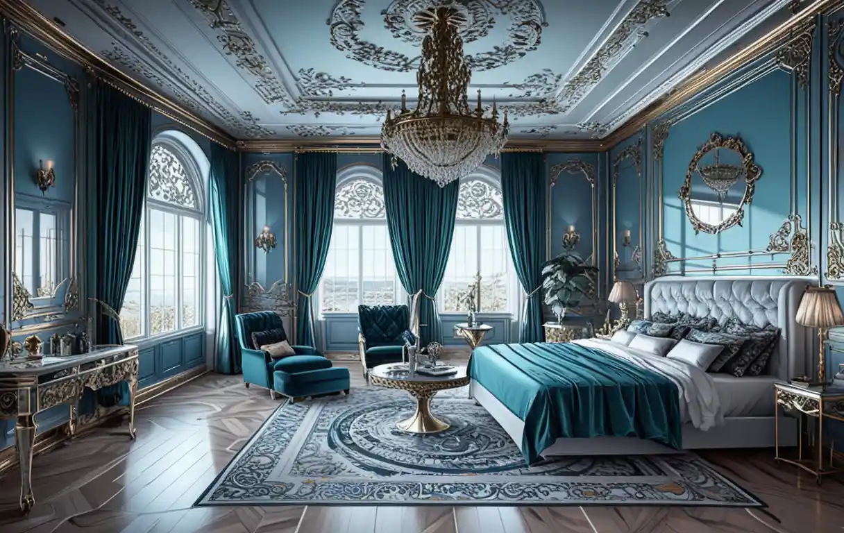 Dark jewel toned luxury living room 3D illustration