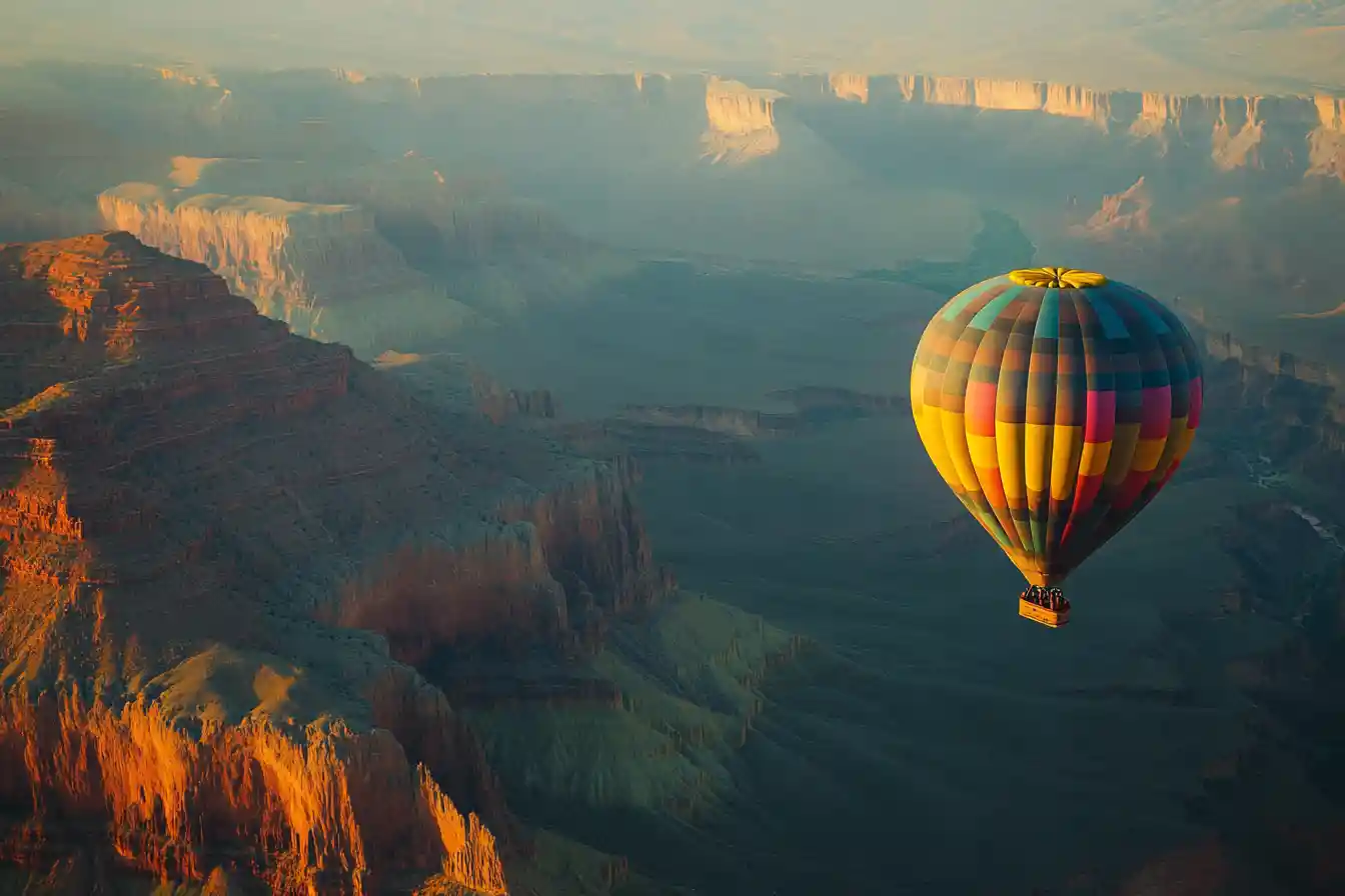 Colorful hot air balloon over the Grand Canyon at sunrise