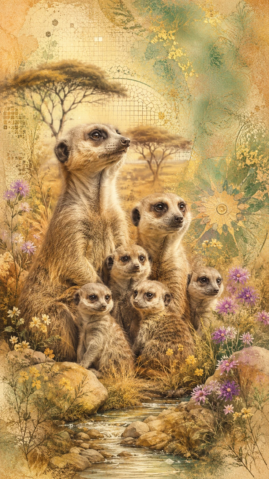 Familia de suricatas en primer plano en arte de la sabana africana