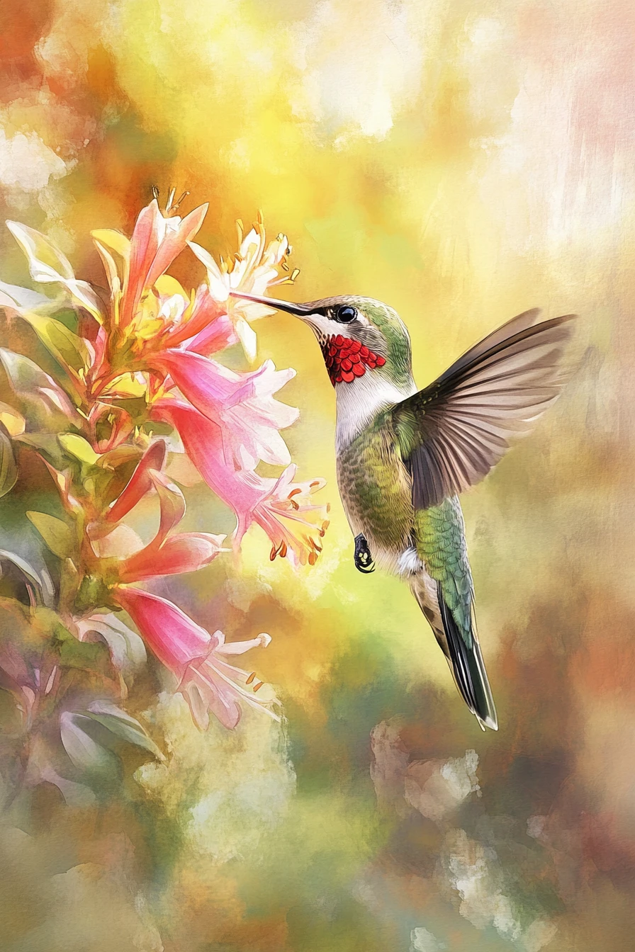 Watercolor hummingbird sipping nectar in warm garden light