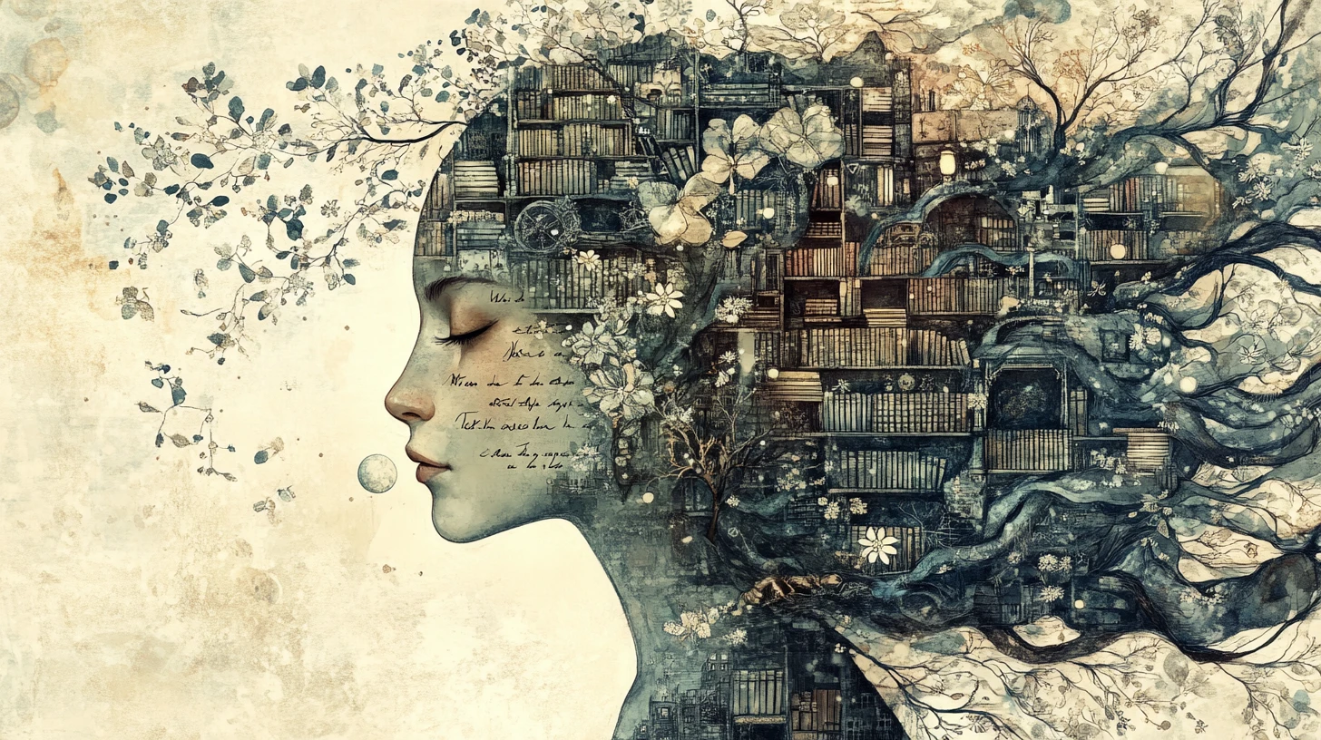 Surreal feminine profile woven from libraries trees and manuscripts