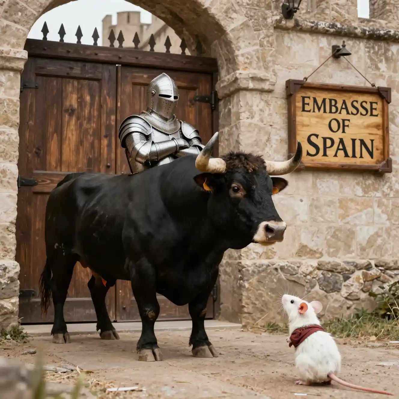 Medieval bull warrior guarding a castle gate with mouse