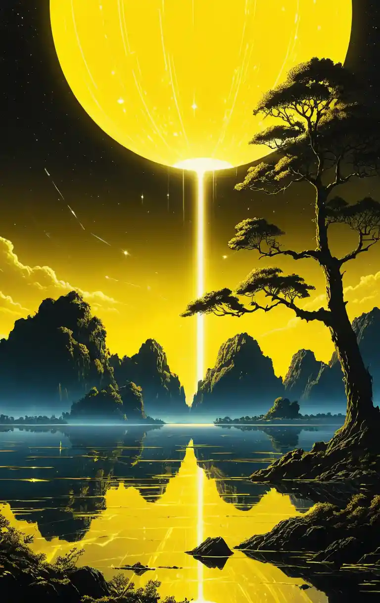 Colossal sci fi tree rising above a luminous alien lake