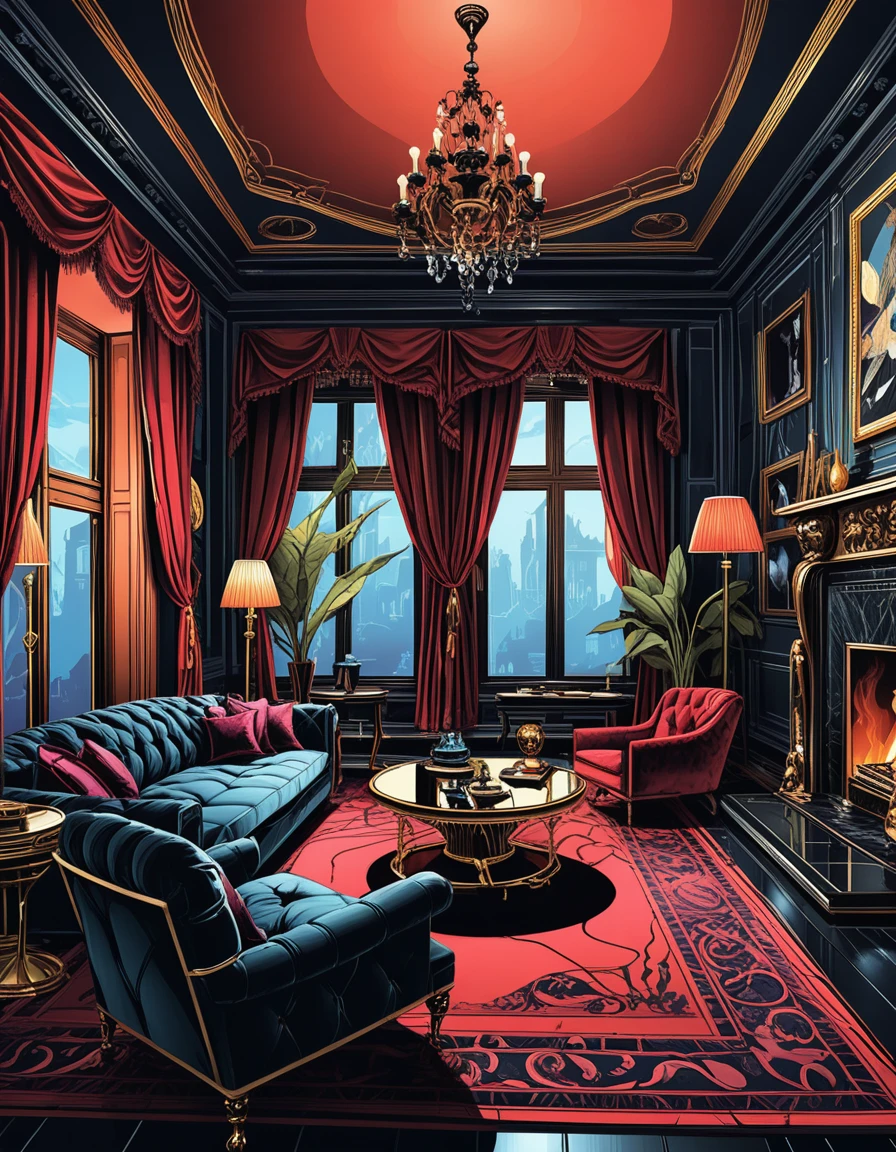 Dark jewel toned luxury interior 3d room perspective