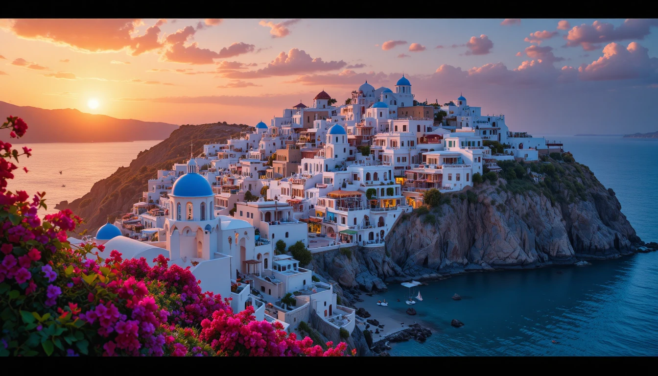 Mediterranean coastal city at sunrise above a turquoise sea