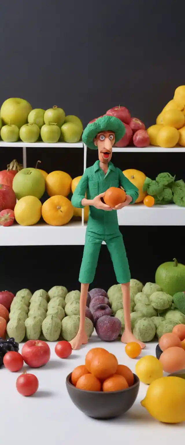 Claymation fruit and vegetable shopkeeper in grocery store