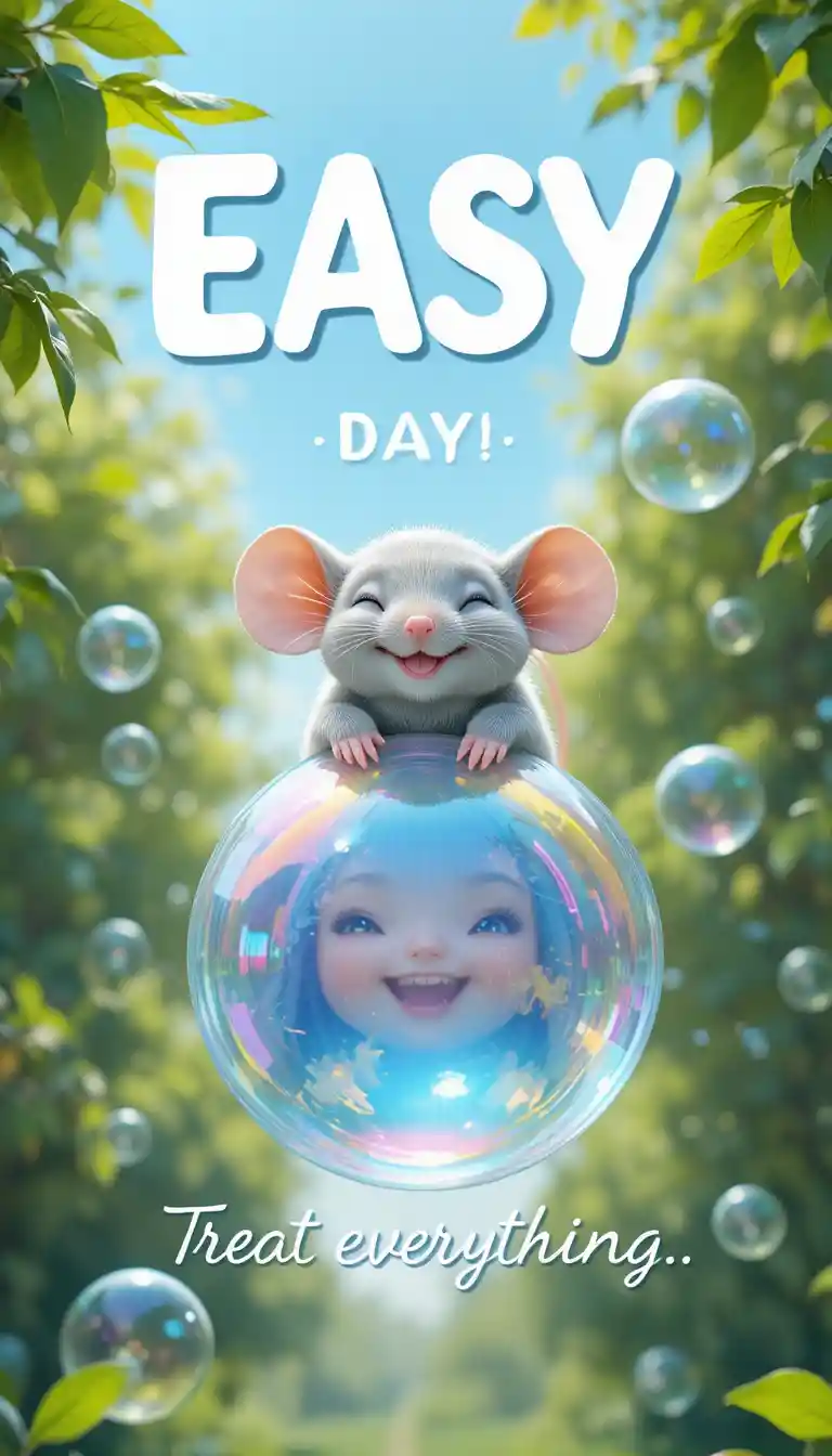 Relaxed gray mouse floating on a rainbow soap bubble
