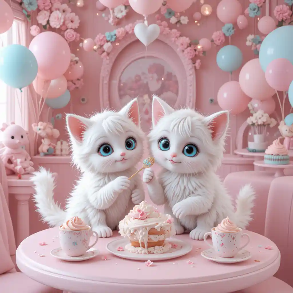 Two fluffy white kittens in a pastel kawaii cafe