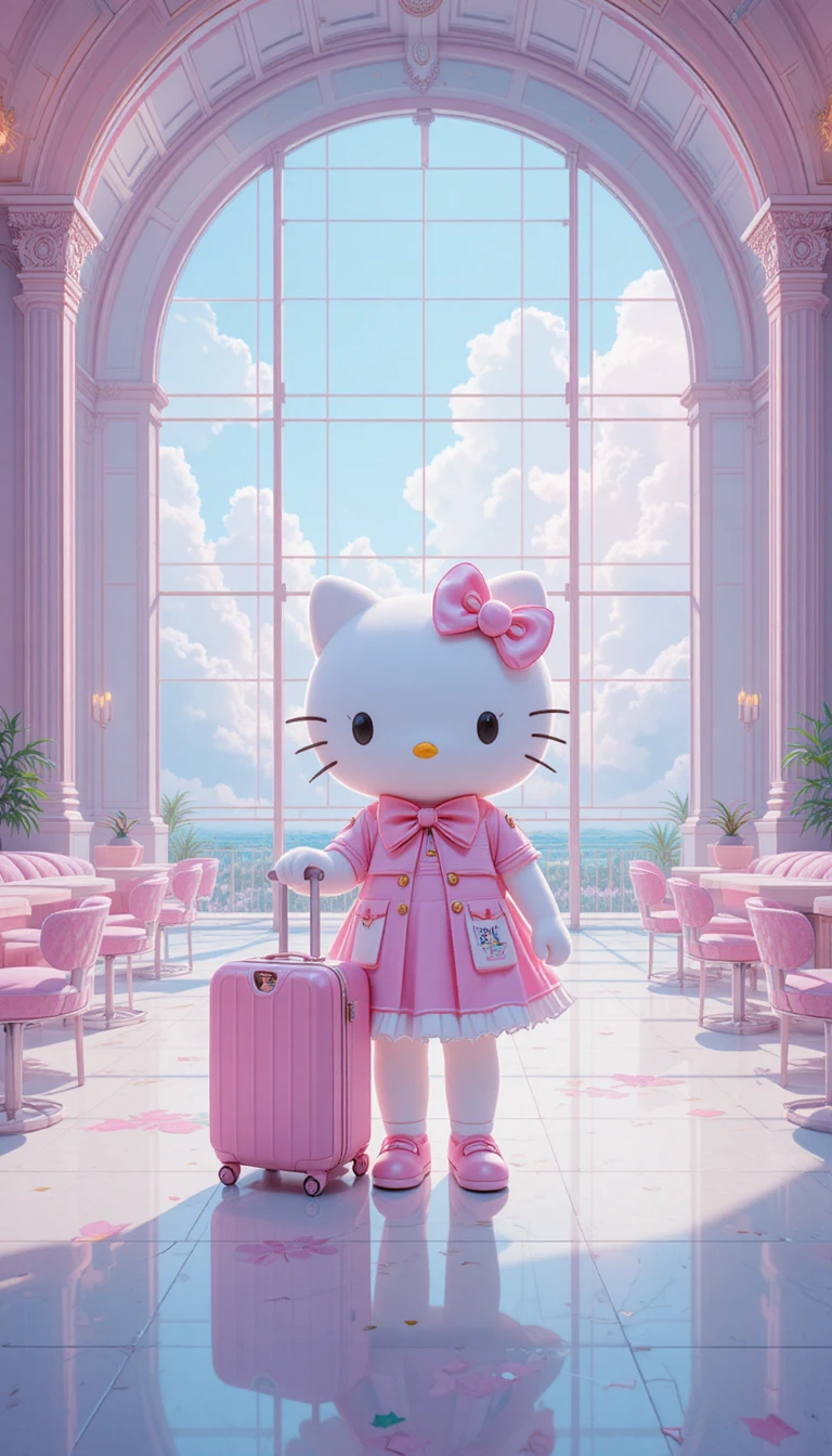 Cute cartoon cat traveler in a pastel pink airport