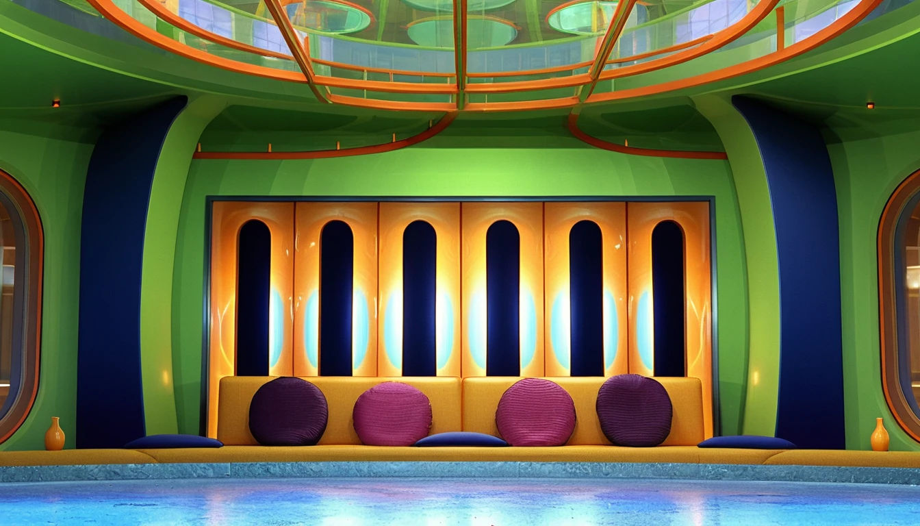 Futuristic lime green control room with modular blue sofa