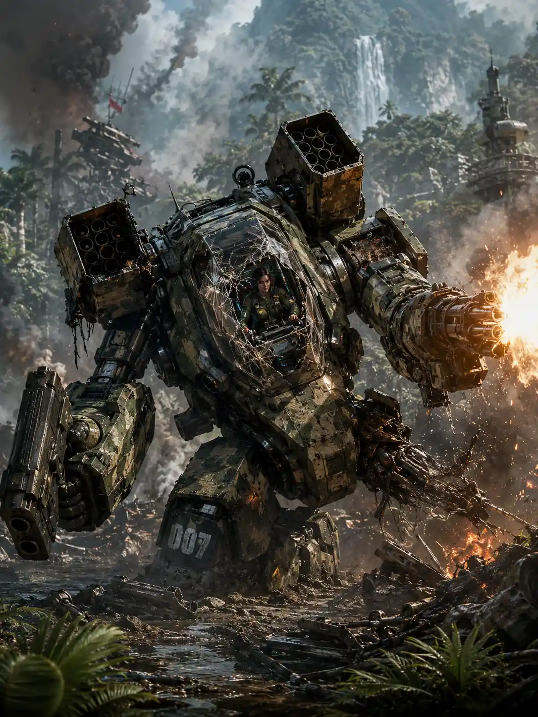 Damaged jungle mech warrior firing amid shattered cockpit