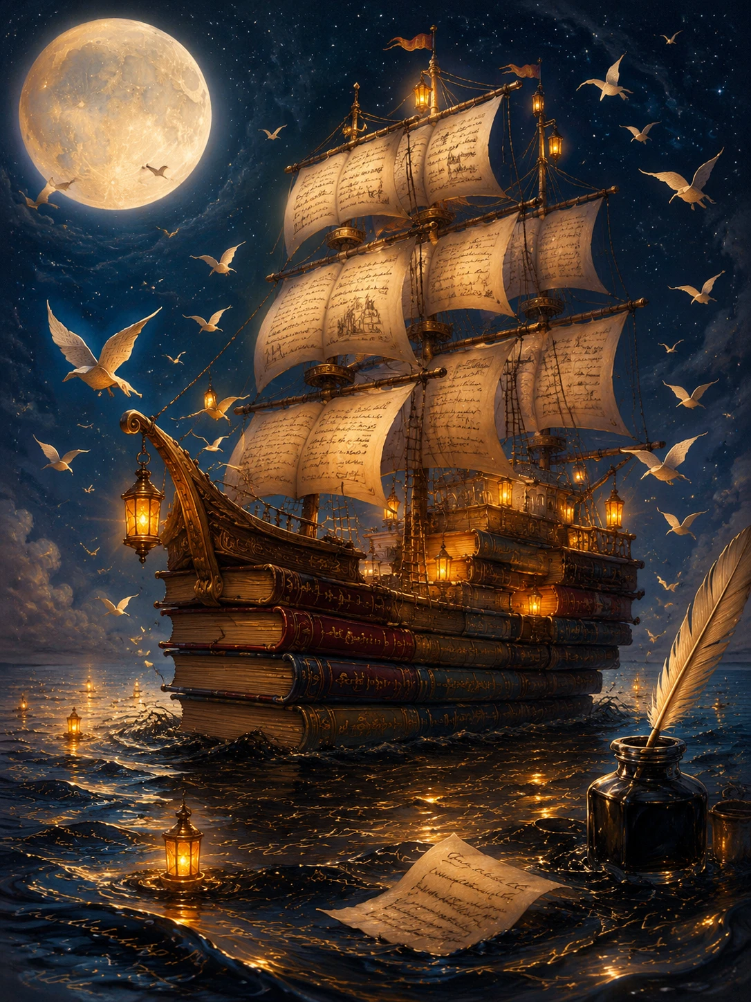 Barco velero de libro mágico en un mar de tinta a la luz de la luna