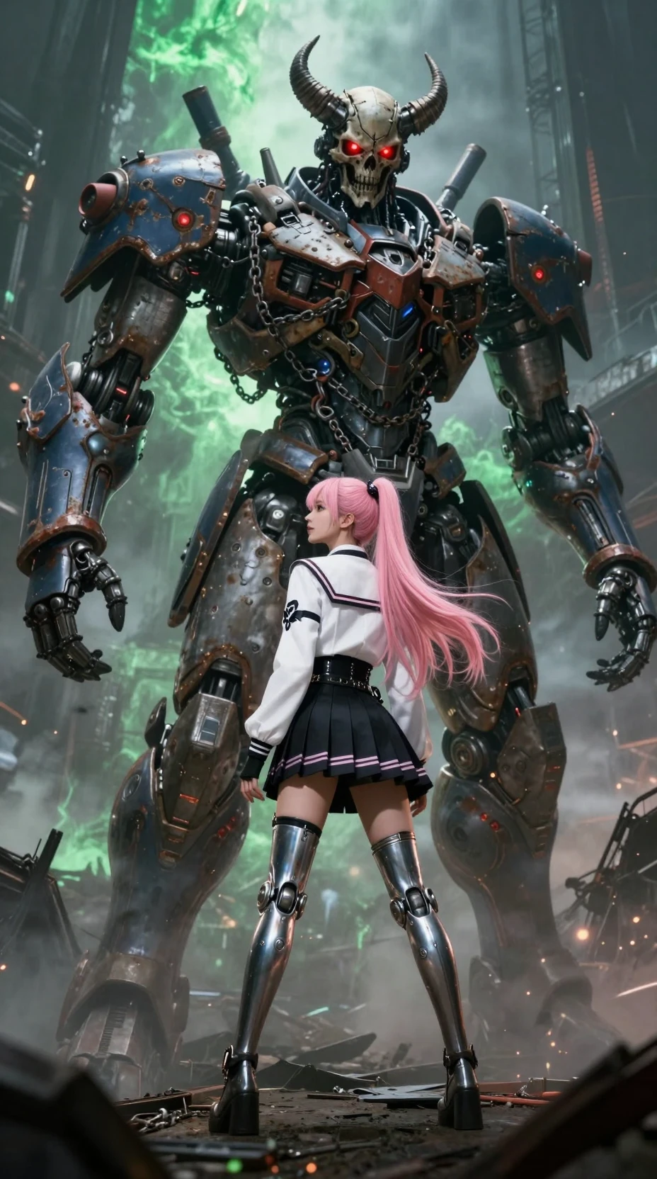 Cyberpunk schoolgirl faces towering demonic mecha