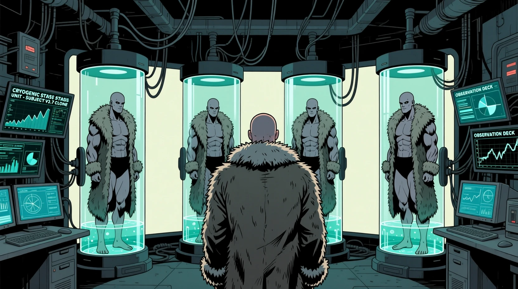Bald man observes cloned figures in cryogenic stasis chamber