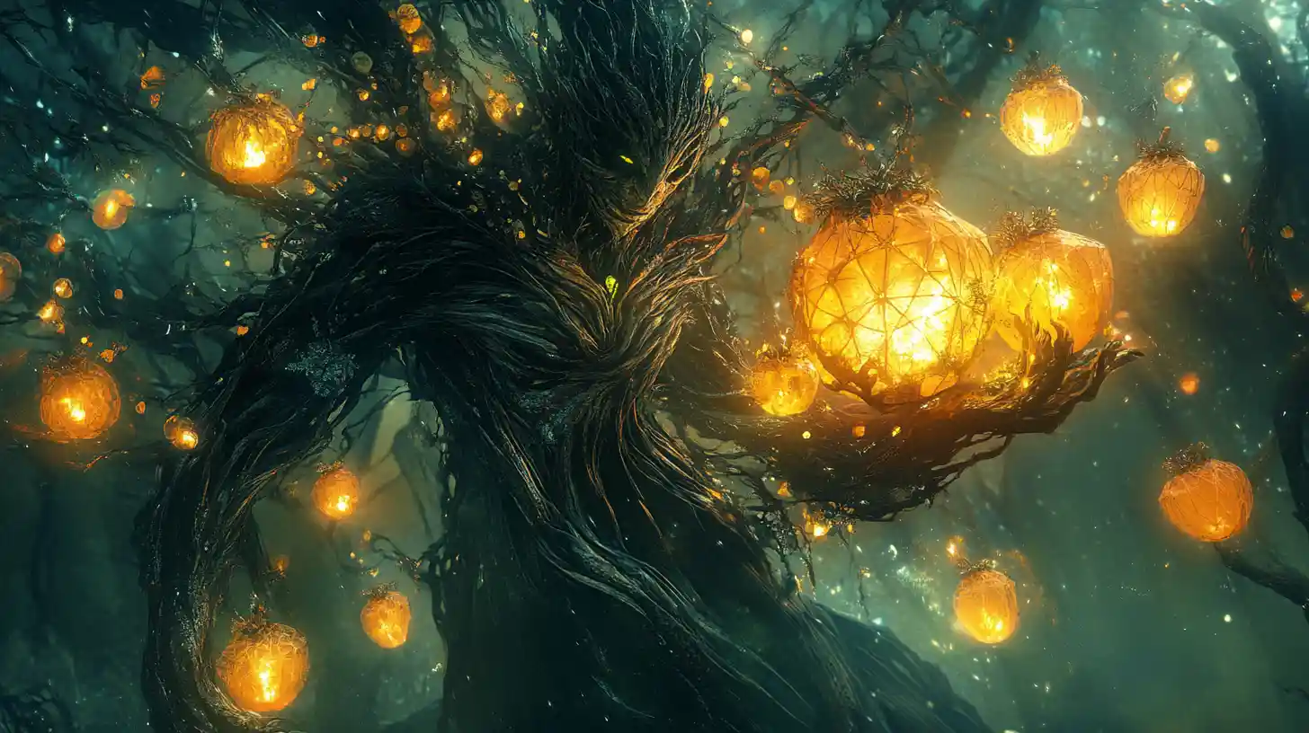 Majestic mythical creature with glowing dream lantern fruits