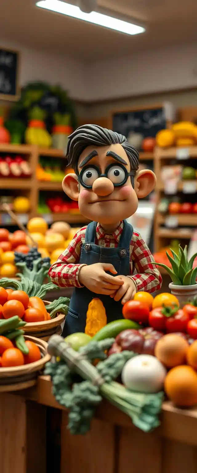 Negoziante di frutta e verdura in claymation in un negozio di alimentari