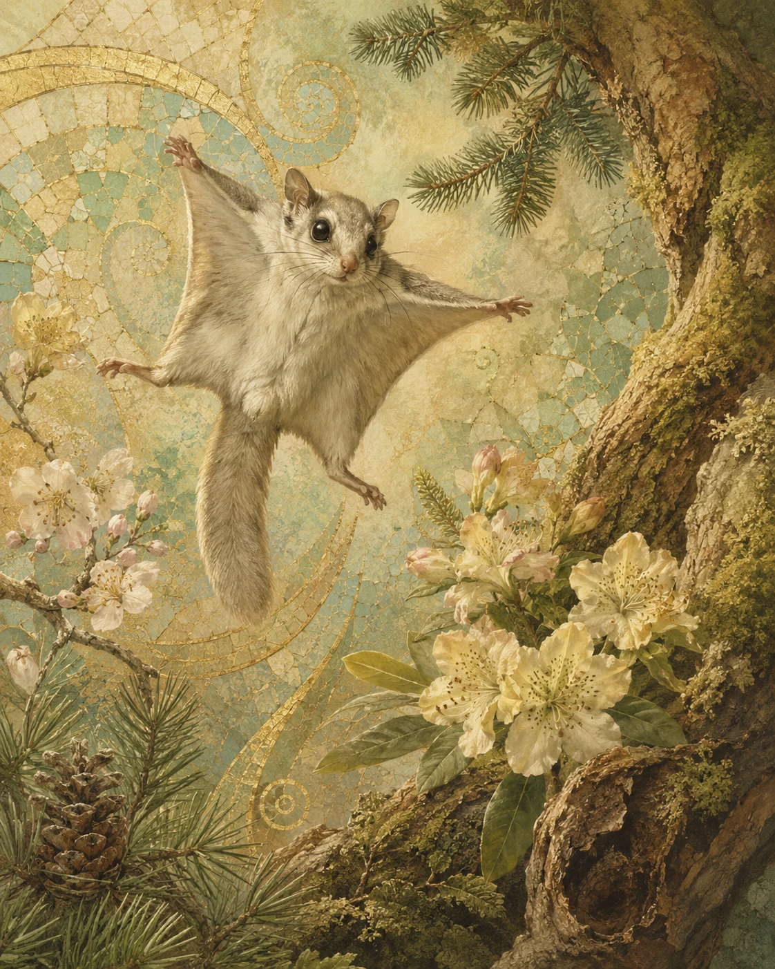 Flying squirrel in a dreamy forest moodboard illustration