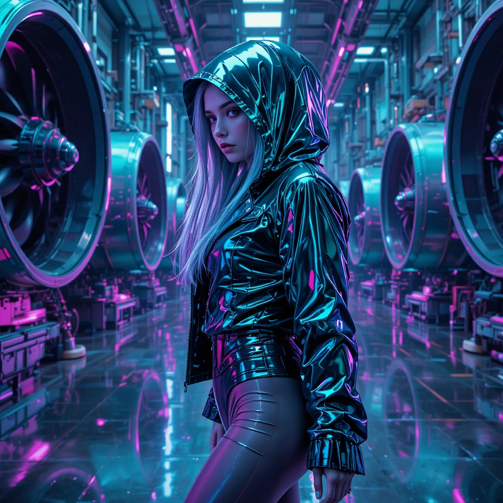 Mujer cyberpunk en fábrica futurista de turbinas iluminada con neones