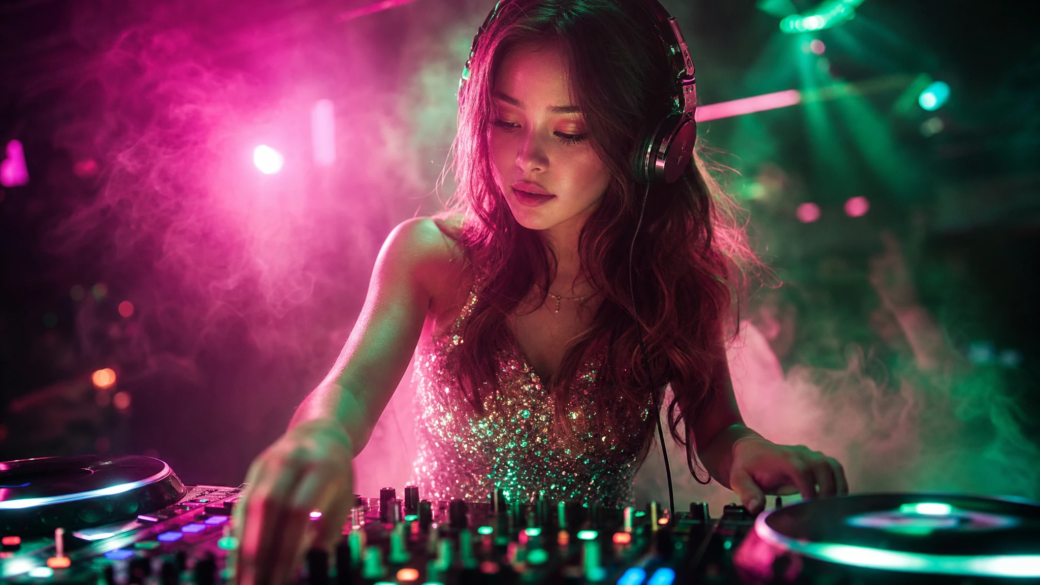 ピンクとグリーンのネオンライトの下でミックスする女性DJ