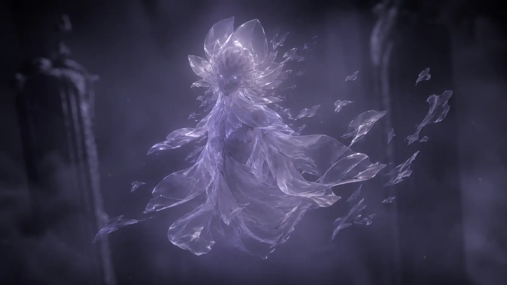 Translucent spirit of glass petals drifting in dim violet haze