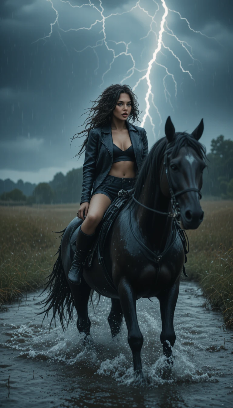 Woman riding a black horse through a stormy river