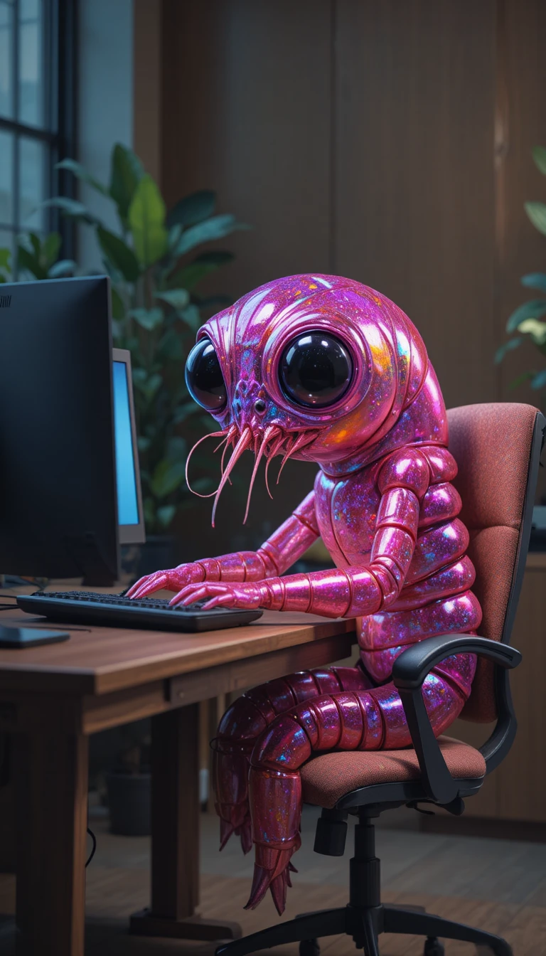 Glittering cartoon shrimp working at a computer desk