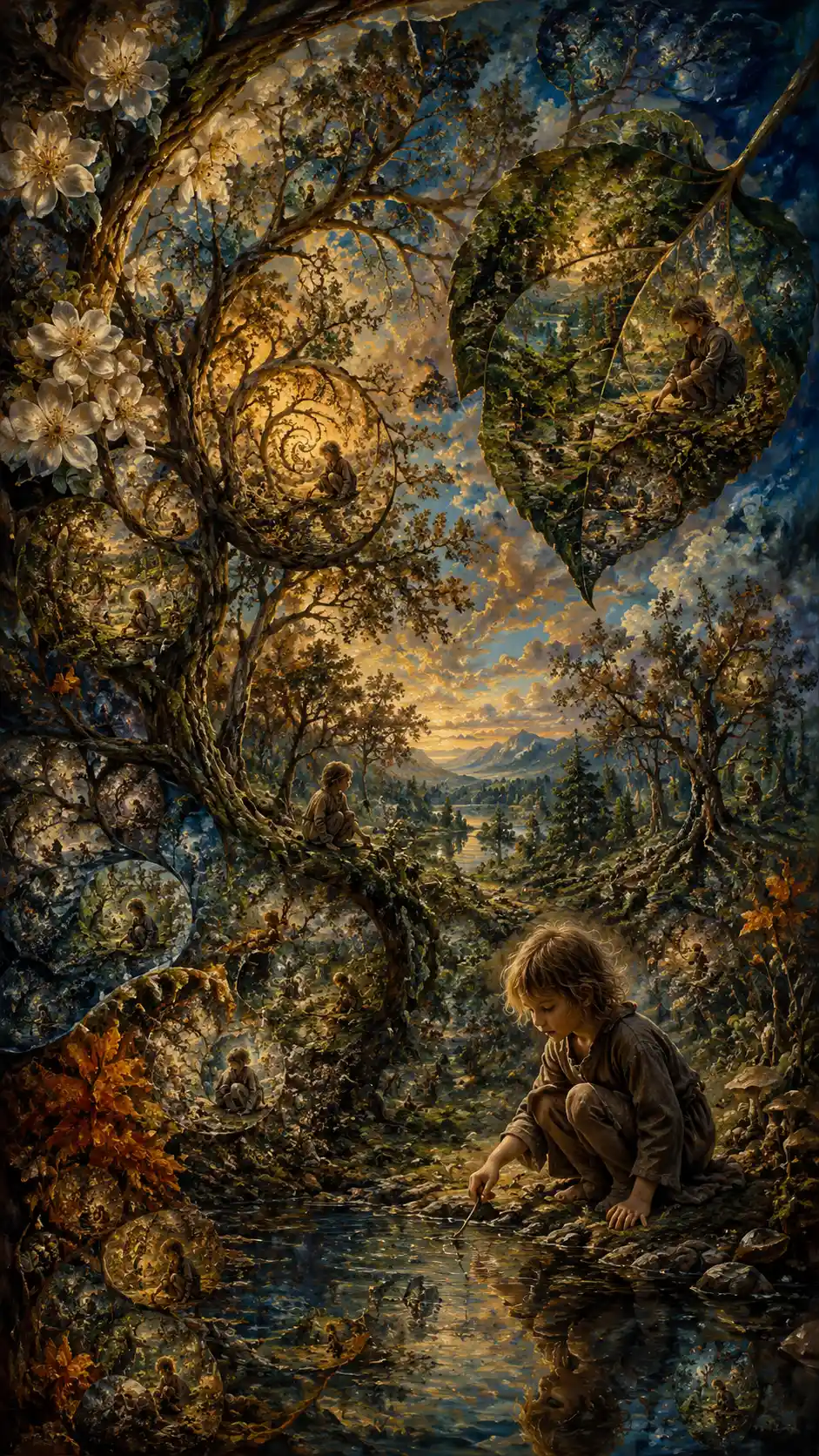 Child in an infinite fractal forest of repeating branches
