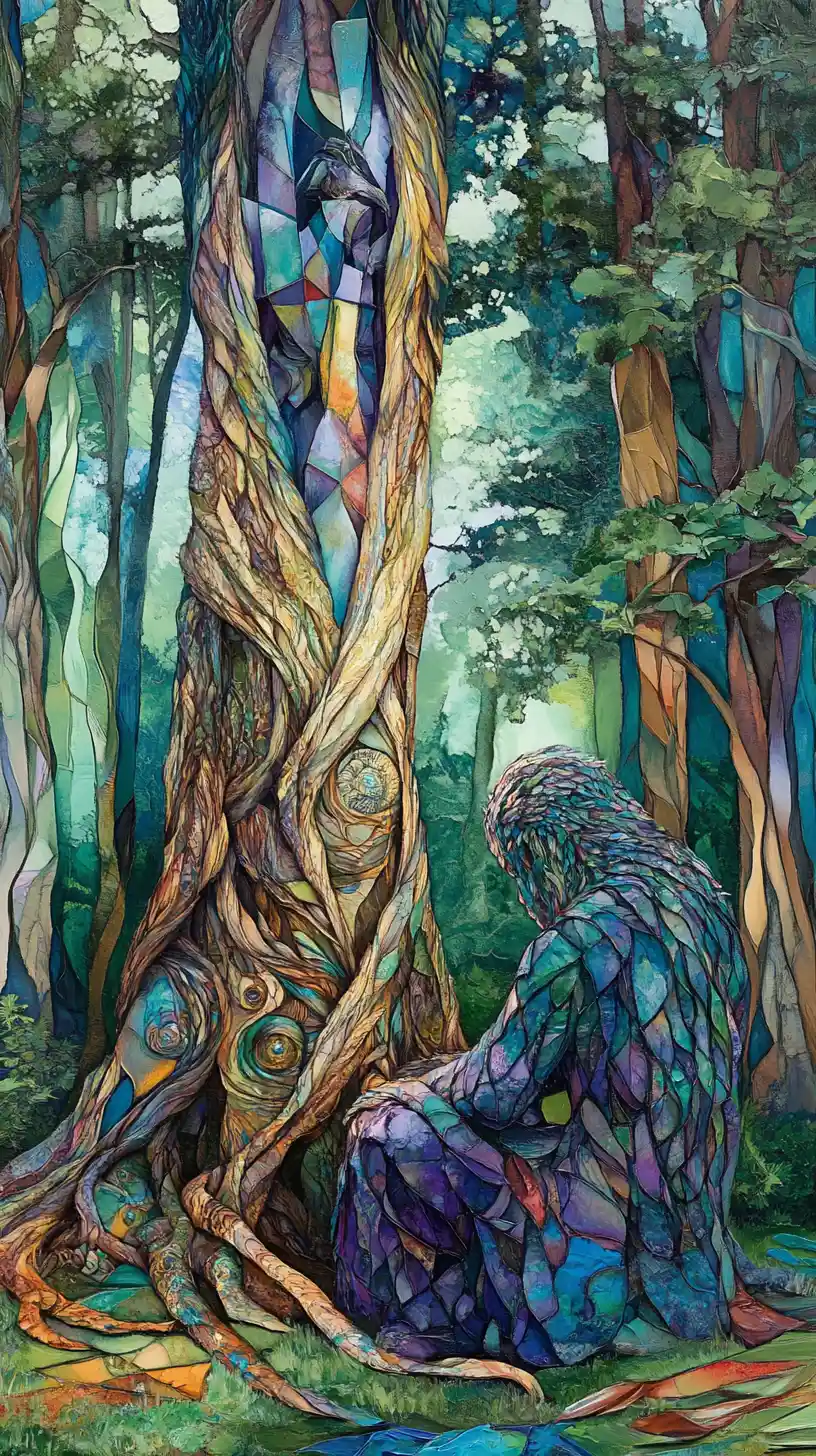 Mystical Forest Guardian Kneeling Beneath Ancient Trees