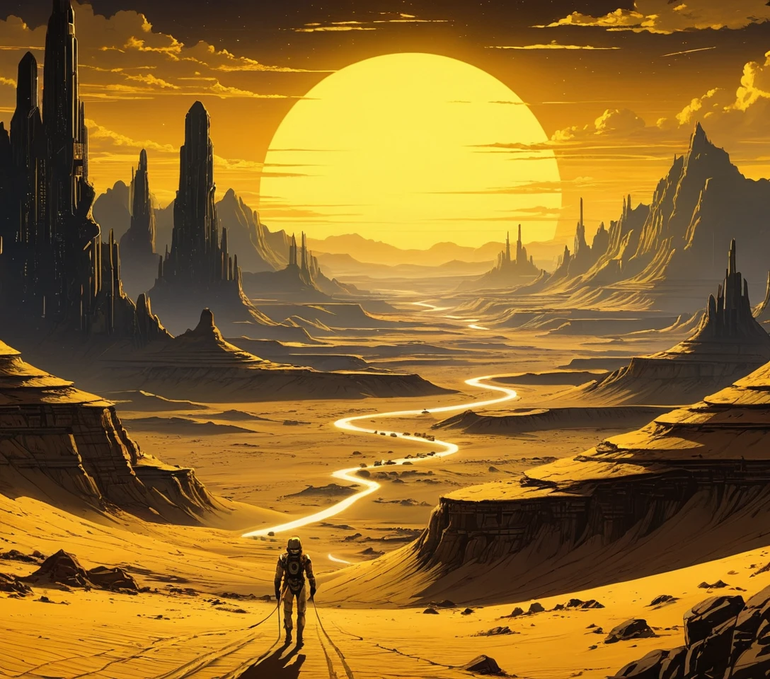 Futuristic desert canyons under a glowing yellow sky