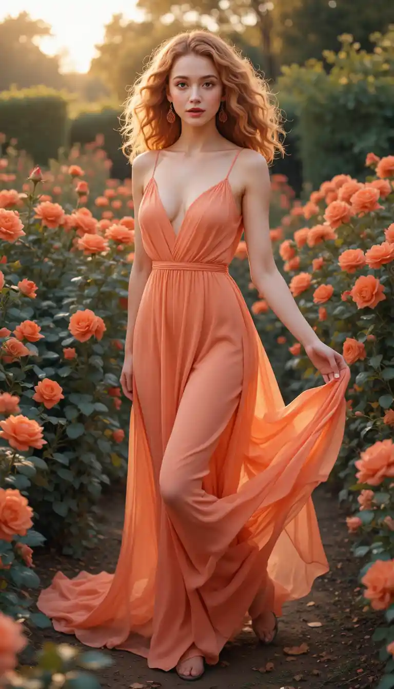 Young woman in flowing coral dress among garden roses