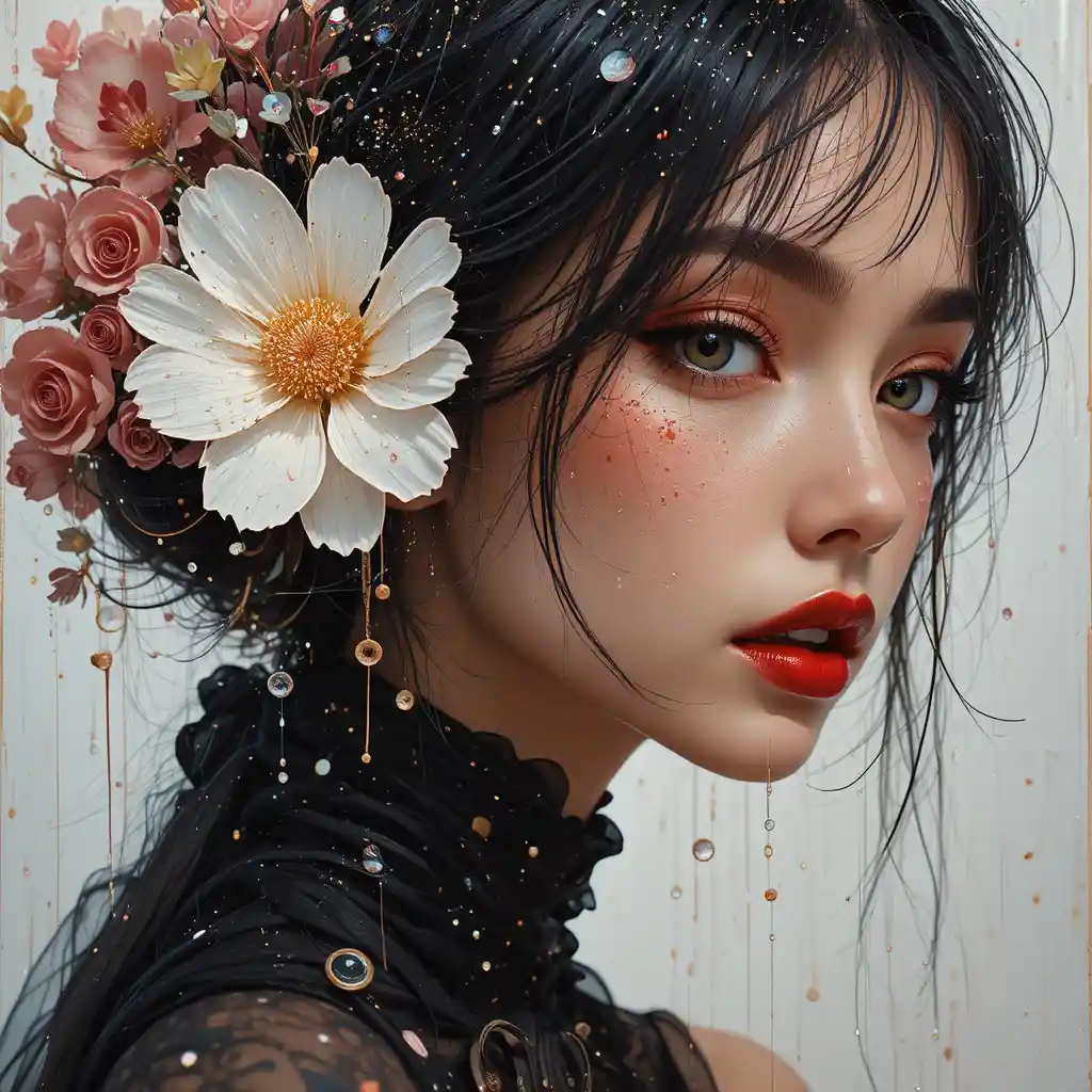 Digital portrait of a woman with glossy lipstick and scarf
